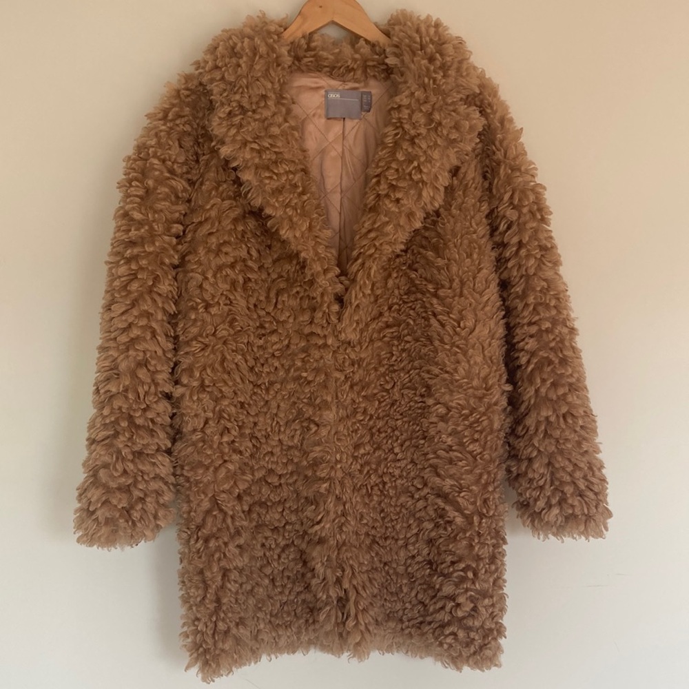 Worn once - ASOS tan fluffy faux fur teddy coat size 6